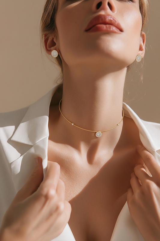 Valeria Pavé Choker Necklace & Stud Earrings | Modern Gold Minimalist Set