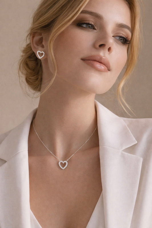 Silver Pavé Heart Necklace and Earrings Set | Romantic Elegant Jewelry for Women