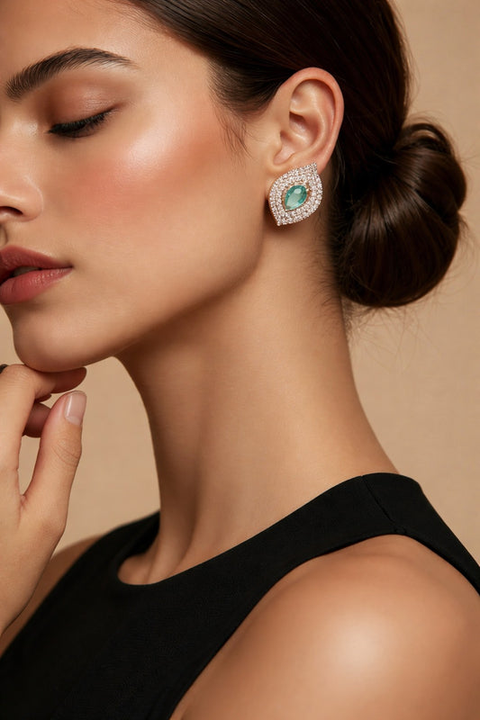 Celeste Émera Earrings | Emerald-Inspired Crystal Halo Studs