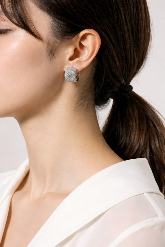 Wide Silver Pavé Hoop Earrings | Modern Elegant Huggies