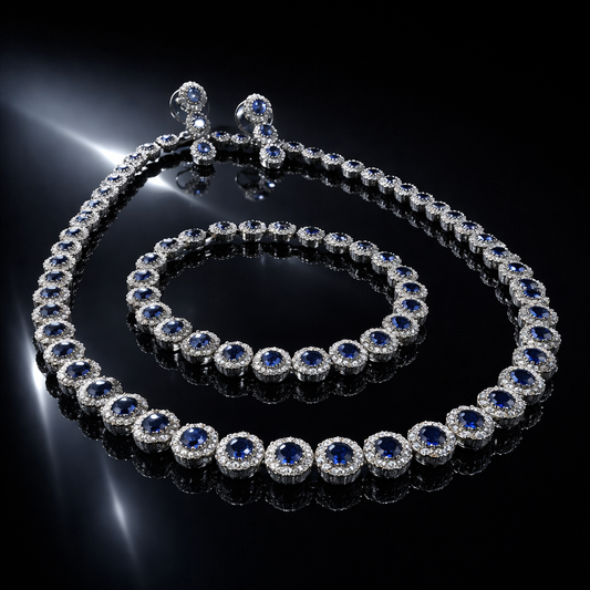Imperiale Royal Sapphire Halo Set | Necklace, Earrings & Bracelet