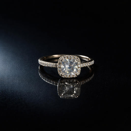 Aurielle Radiance Halo Ring | Square-Cut Premium Stone in Gold Finish